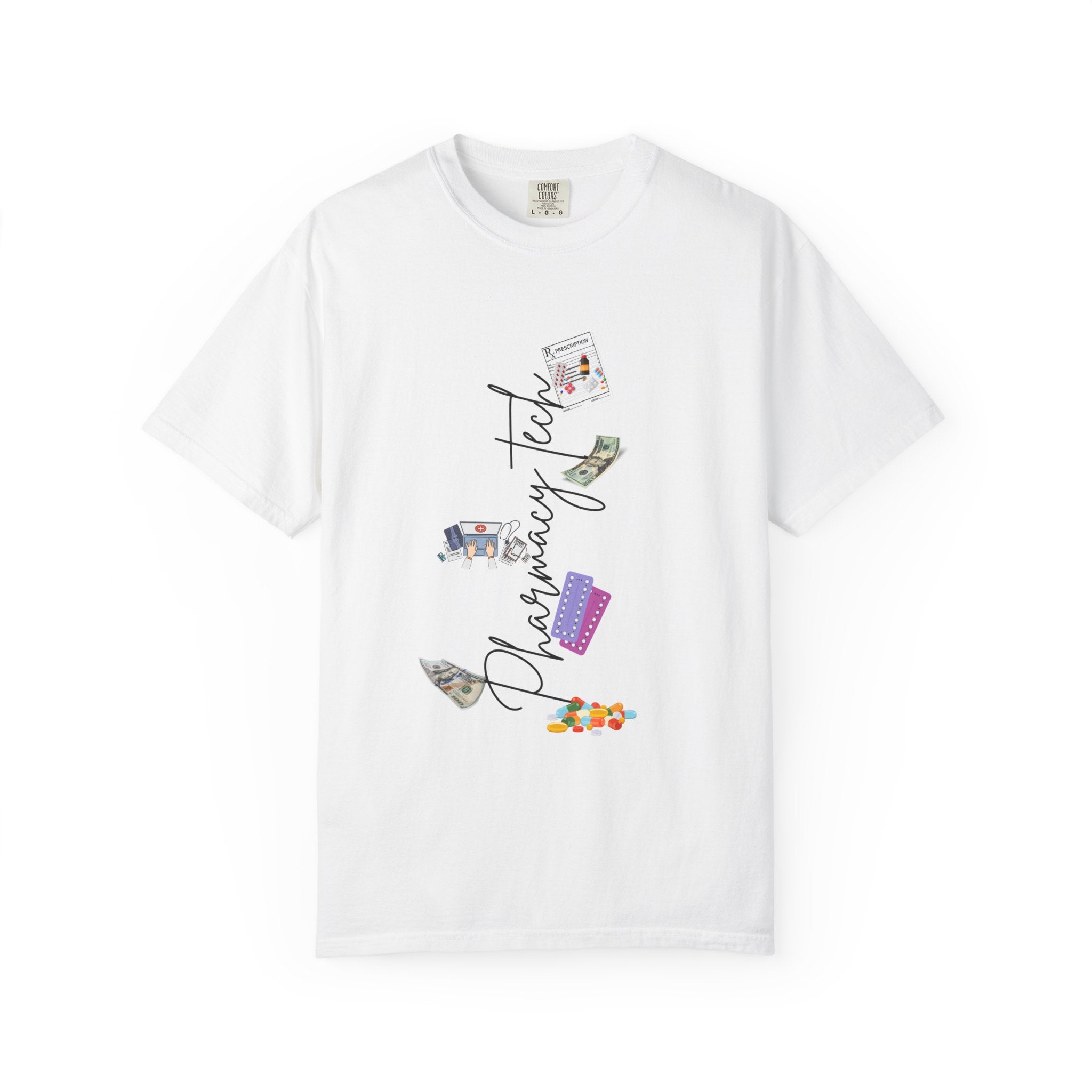 Pharmacy Tech Graphic T-Shirt — 'Pharmacy Tech' Script with Pills & Tools