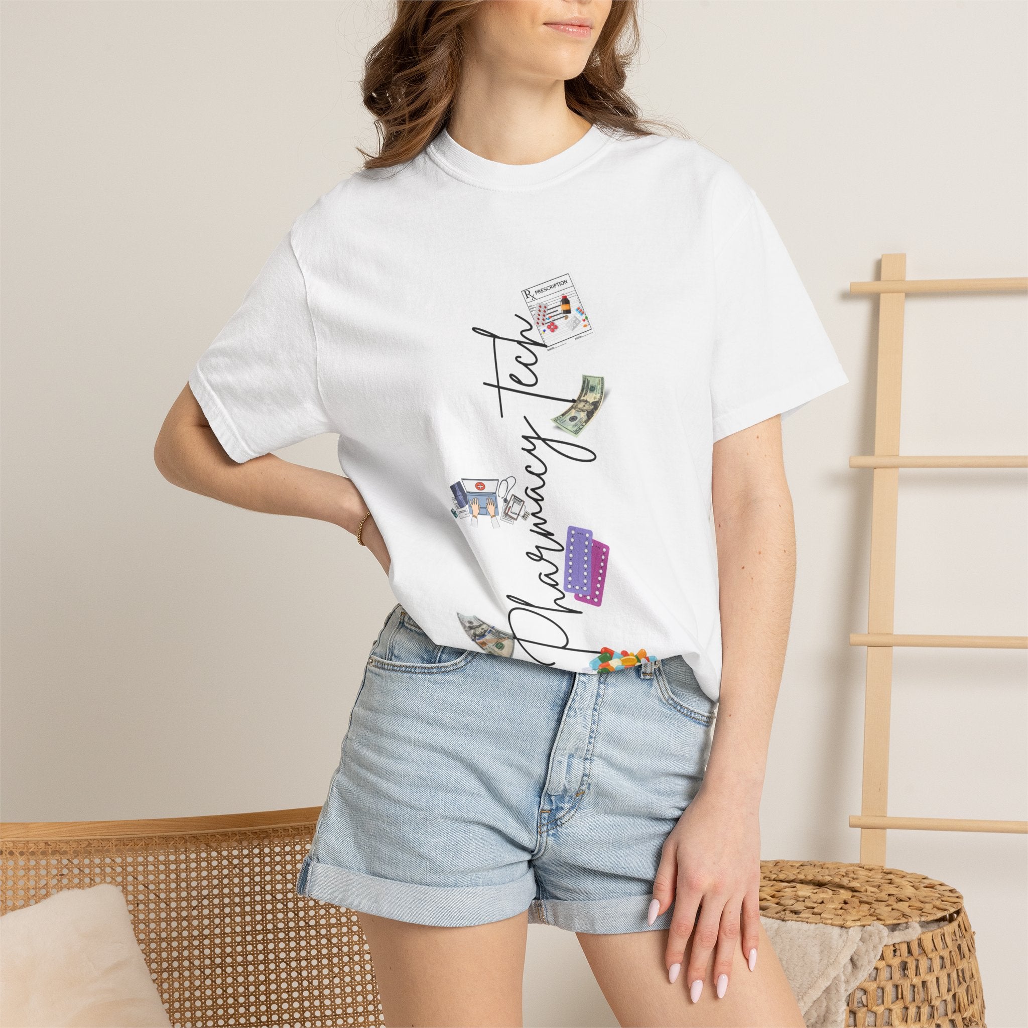 Pharmacy Tech Graphic T-Shirt — 'Pharmacy Tech' Script with Pills & Tools